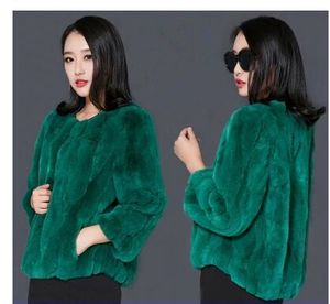 2018 Nowy Design Luksusowe Luksusowe Oryginalne Rex Rabbit Fur O-Neck Loose Solid Color Trzy czwarte Rękaw Krótki Fur Coat Casacos Plus Size 5XL