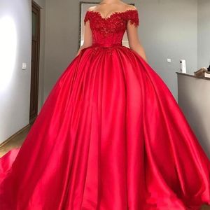 Modest Off Shoulder Red Ball Gown Quinceanera Dresses Appliques Beaded Satin Corset Prom Dresses Sweet 16 Dresses vestidos de quin250n