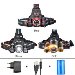 3 * XM-L T6 LED Headlamp Zoom Fiske Headlight FlowLight Torch USB Uppladdningsbar huvudlampa Lantern + 2 18650 Batteri + Billaddare