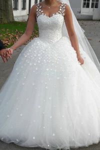 Vintage bollklänning bröllopsklänningar 3d blommor tyll golvlängd v hals snörning upp bakre brudklänningar vestido de novia från Kina