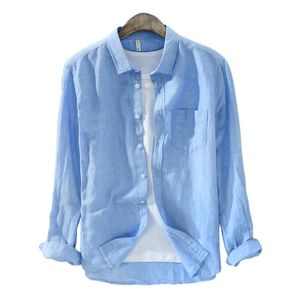 Титтенсные мужские хлопчатобумажные и льняные повседневная стройная рубашка уличная одежда с длинным рукавом сплошной цвет белые синие рубашки высокое качество 2018 мода