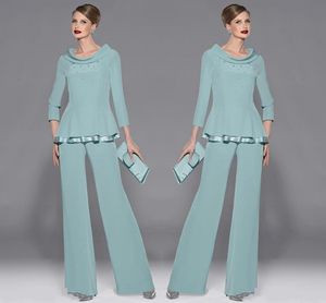 優雅なミントグリーンシフォンマザーパンツスーツ母のドレス宝石ネックライン長袖の長袖、ウェディングパーティーのゲストドレスのために2つのピース