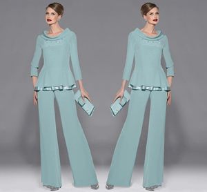 Graceful Mint Green Chiffon Mothers Pants Suit Jewel Neckline Manica lunga con perline e paillettes Due pezzi per abiti da festa da cerimonia nuziale