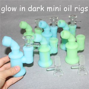 Glow Mini Silicone Bubbler Oil Rig Hookahs Silicon Smoking Bongs 3.85" inch Dab Rigs Detachable Perc Water Bong Pipes Unbreakable Glass Bowl