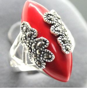 Sällsynta 925 Sterling Silver Red Coral Gems Handcrafted Ring Storlek 7/8/9/10