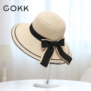 COKK Sun Hat Big Black Bow Summer Hats For Women Foldable Straw Beach Panama Hat Visor Wide Brim Femme Female New D18103006