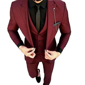 Burgundia Groom Tuxedos Slim Fit Men Wedding Tuxedos Doskonałe Mężczyźni Business Dinner Prom Blazer 3 szt. Garnitur (kurtka + spodnie + krawat + kamizelka) 1005