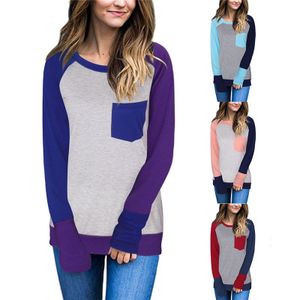 Kobiety Patchwork T-shirt Z Długim Rękawem Topy Luźna Pocket Pullover Casual Crew Neck Bluza Moda Jesień Tees Kobiety Ubrania YFA339