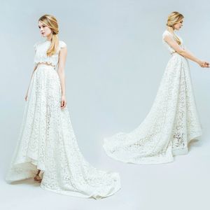 2019 Dwa Kawałki Suknie Ślubne Vintage Koronki Klejnot Neck Ograniczone Krótkie Rękawy Cześć Niski Kraj Wiejski Suknie Bridal Suknia Suknia