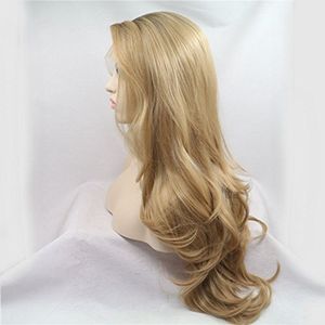 Skönhetsfantasi lång naturlig våg ombre brun blond syntetisk spets framsidan del värmebeständig fiber hår peruker för kvinnor 935 1