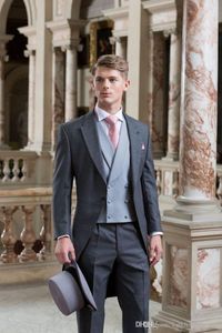 Wholesale -- Custom Design Peaked Lapel Dark Grey Tailcoat Men Party Groomsmen Suits in Wedding Tuxedos(Jacket+Pants+Tie+Vest) NO;303