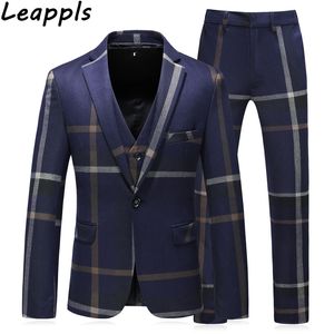 Leappls (Jacket+Vest+Pants) 2018 High quality Men Suits Fashion grid stripe Mens Slim Fit business wedding Suit men Wedding suit