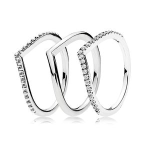 Autentisk 925 Sterling Silver Ring Wish Bone Ring Set med Crystal Stack Rings for Women Wedding Party Gift Fine Europe Jewelry