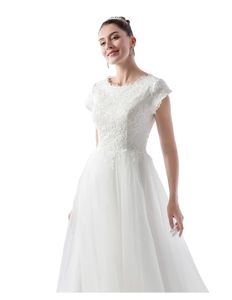 New A-line Boho Modest Vestido De Noiva Com Cap Mangas Lace Top Tulle Saia Informal LDS Vestido De Noiva Com Botões Voltar À venda