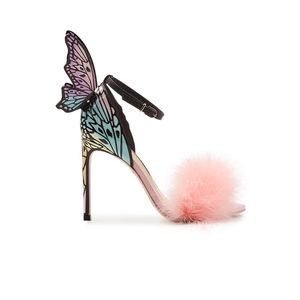 Gratis frakt 2018 Ladies Patent Leather High Heel Feather Rose Solid Butterfly Ornament Sophia Webster Sandaler Skor Färgglada storlek 34-42