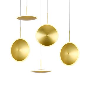 Nordic Post Modern Led Pendant Lamp Guld Aluminium med akryl Lampskärmshängande Lampa Rundplatta Barnrum Foajé Bedroom Lighting Fixture