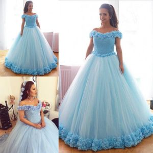Light Blue Ball Gown Quinceanera Dresses 3D Appliques Off Shoulder Floor Length Bridal Dress Fashion Prom Dress Party Gowns