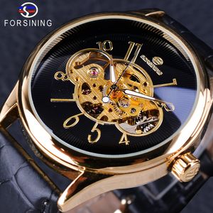 Forsining Creative Skeleton Black Golden Display Mäns Openwork Watch Top Brand Luxury Mechanical Wristwatch Transparent Case