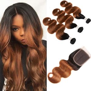 Indian Virgin Hair Cambodian 1B/30 Människohår Body Wave 3 buntar med 4X4 spetsstängning Två toner Färg 1B/30