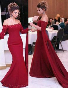 Luxury Bourgogne Mermaid Evening Formal Dress Long Of The Shoulder with Big Long Hermes Applique Lace Sequin Beaded Cheap Prom Party Dress