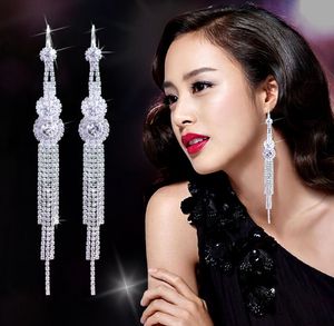 Tassel Dangle Earrings Gold Rhinestone Long Silver New Fashion Clip drop earrings for women Girl Unique Wedding Jewelry Wholesales DHL