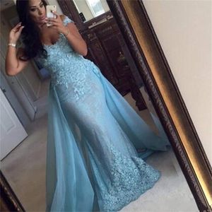 Hellblaue Afrikanische Kleider Abendkleidung Mit Abnehmbarem Rock Sexy Tiefem V-ausschnitt Meerjungfrau Abendkleid Applikationen Spitze Besonderen Anlass Kleid