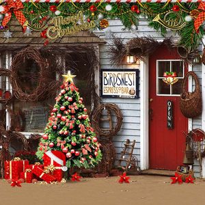 Wesołych Świąt Boże Narodzenie Photo Booth Backdrop Drukowane Garland Dekorowane Choinki Teraźnie pudełka Czerwony Drzwi Bar Fotografia Tło