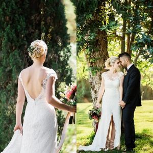 Sexy Mid Splits Lace Wedding Dress Cheap Cap Short Sleeves Sheer Neck Applique Backless Sweep Train Country Wedding Dresses Bridal Gowns