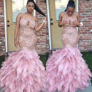 Luxury Feather Tiered Prom Dresses Jewel Neck Lace Appliques See Through Mermaid Party Dress South African 2K18 Prom Dress Formal Wear