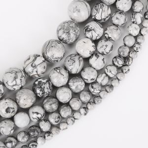 8mm naturlig grå karta stenpärlor lös runt distanspärm för smycken tillverkning 4/6/8/10 / 12mm 15 '' DIY BraceletNecklace