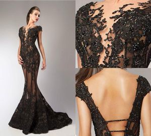 Black Elie Saab sjöjungfrupärlor klänningar keps ärmar spetsar appliced ​​billig formell prom party klänning vestidos röda mattan kvällsklänningar