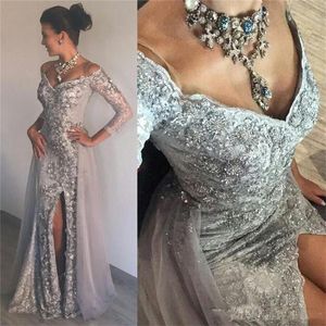 Silver Sexy 3/4 Long Sleeves Evening Gowns Side Split Sexy Beads Sequins Mermaid Prom Dress Off The Shoulder Women Formal Cocktail Dress