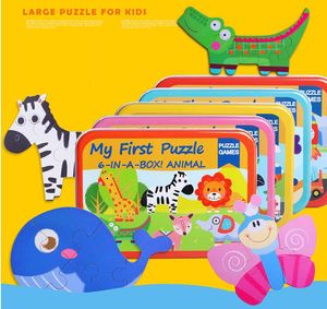新しい赤ちゃんのおもちゃ6 in 1パズルセットアイアンボックス合計6パズル木製おもちゃ漫画動物/車の子供教育ギフト