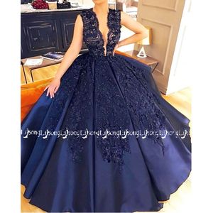Navy Blue Appliques Puffy Evening Ball Gowns Pleated Sexual Prom Party Wear Satin Maxi Gown Dubai Long Dress High Quality Winter Formal Gown