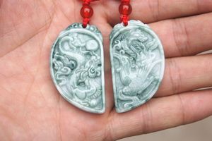 Vacker naturlig blå fält färg jade hand carved utsökt drake och phoenix match älskare pengar Talisman halsband hänge
