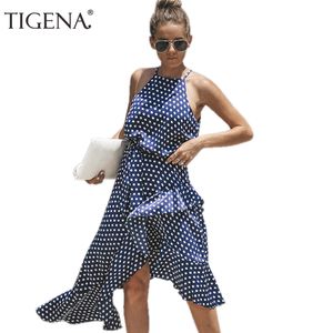 2019 TIGENA Schwarz Blau Polka Dot Sommerkleid Frauen 2018 Ärmellose Tunika Bandage Boho Strand Midi Party Kleid und Sommerkleid Robe Femme