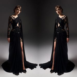 Sexy Black Side Split Prom Dresses 2019 Z Długim Rękawem Illusion Lace Appliqued Koraliki wieczorowe Suknie Custom Made Formalnej Party Dress