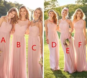 2019 Cheap Pink Pleated Long Lace Chiffon Bridesmaid Dresses Mixed Style Blush Bridesmaid Formal Honor Of Maid Ruffles Custom Wear