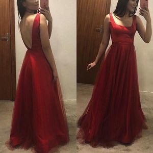 Simple Elegant Evening Gown Dark Red Burgundy Formal Dress Square Neck Sleeveless Open Back Floor Length Tulle Prom Party Gowns Cheap
