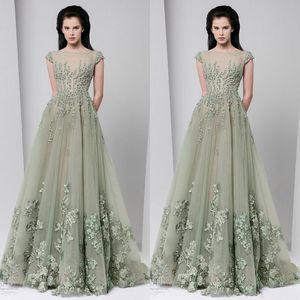 Tony Ward 2018 Primavera Vestidos de Noite Sheer Neck Applique Beads Cap Manga Prom Vestidos Até o Chão Tulle Vestido de Festa Formal