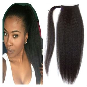 Siyah kadınlar için yaki düz İnsan saç at kuyruğu afro ponytails Hairpieces İpli sarma etrafında pony kuyruk saç uzantıları 120g