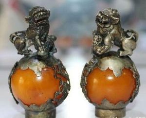 Kinesisk feng shui koppar silver onda hundar lejon par jade staty dekoration metall hantverk