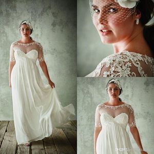 Jenny Packham Plus Size Wedding Dresses 2018 Half Sleeves Sheer Jewel A Line Lace Appliqued Chiffon Empire Waist Bridal Formal Gow294B