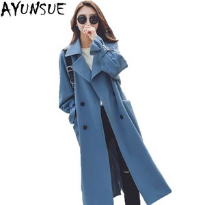 Ayusnue 2018 New Fashion Chic Double Breched Long Trench Coat Women Blue Belt Windbreaker女性オーバーコートAbrigos Mujer LX1922