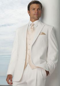 Högkvalitativ två knappar Ivory Groom Tuxedos Groomsmen Peak Lapel Bästa Man Blazer Mens Bröllopsdukar (Jacka + Byxor + Vest + Tie) H: 730