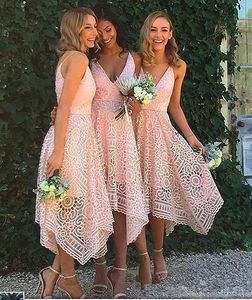 Wholesale hem bridesmaid dress resale online - Elegant Tea Length Blush Pink Lace Bridesmaid Dress Irregular Hem V Neck Maid of Honor Country Wedding Guest Gowns