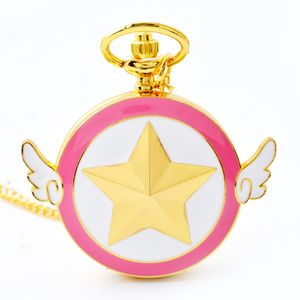 Wholesale 50pcs/lot ashion Lovely Pink Quartz Pocket Watch Anime Star Wings Magic Pocket Watches Necklace Chain Girls Ladies watches PW033