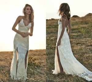 Elegant Beach Wedding Dresses Side Split Floor Length Backless Spaghetti Appliqued Lace Bridal Gowns Sleeveless Modest Country Wedding Dress