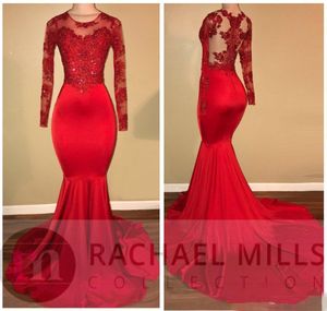2018 Vintage Sheer Långärmade Röda Prom Klänningar Mermaid Appliqued Sequined African Black Girls Evening Gowns Red Carpet Dress