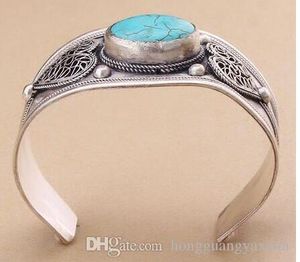 Unisex gåva vintage turkos pärla manschett armband bangle tibet silver hjärta